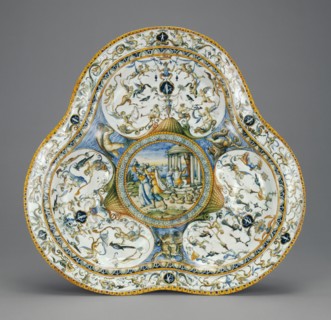 Basin with Deucalion and Pyrrha; Fontana Workshop, possibly Orazio Fontana, Italian, 1510 - 1571, or possibly Flaminio Fontana