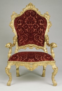 One armchair; Venice, Veneto, Italy; about 1730 - 1740; Carved, gessoed, and gilt walnut; upholstered in modern Genoese velvet