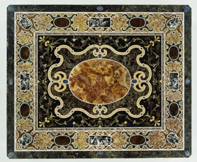 Tabletop; tabletop 1580 - 1600; base 1825; Pietre dure and marble commesso, mosaic, top including breccia di Tivoli