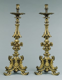 Pair of Altar Candlesticks; Italy; early 18th century; Bronze, partially gilded