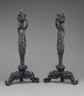 Pair of Andirons in the form of a Female and Male Herm; Italian, probably active in France, Fontainebleau, France; about 1540