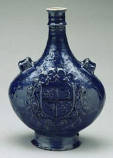 Pilgrim Flask; Puisaye, Burgundy, France; early 16th century; Cobalt-glazed stoneware; 33.5 x 23.1 x 12.8 cm