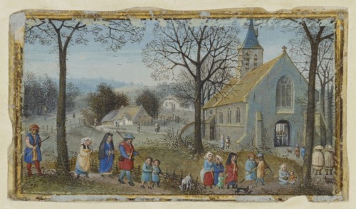 Villagers on Their Way to Church; Simon Bening, Flemish, about 1483 - 1561, Bruges, Belgium; about 1550; Tempera colors