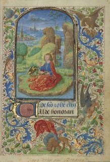 Saint John on Patmos; Lieven van Lathem, Flemish, about 1430 - 1493, Ghent, written, Belgium; 1469; Tempera colors, gold leaf