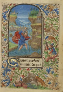 Saint Christopher; Lieven van Lathem, Flemish, about 1430 - 1493, Antwerp, illuminated, Belgium; 1469; Tempera colors, gold