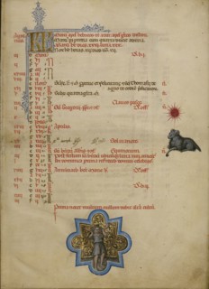 A Man Blowing Two Horns; Zodiacal Sign of Aries; Master of the Brussels Initials, Italian, active about 1389 - 1410, Bologna