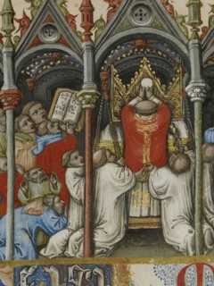 The Elevation of the Host; Initial T: A Putto Between the Sun and Moon; Master of the Brussels Initials, Italian