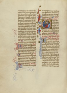 Initial E: Saint James the Greater; Master of the Brussels Initials, Italian, active about 1389 - 1410, Bologna, Emilia-Romagna