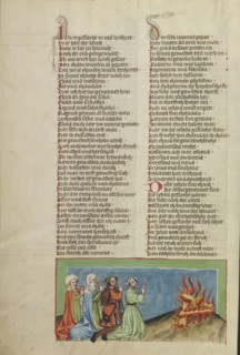 Nimrod and his Companions Venerating Fire; Regensburg, Bavaria, Germany; about 1400 - 1410; Tempera colors, gold, silver paint