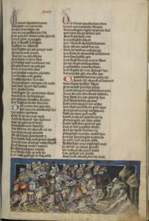 The Battle between the Four and Five Kings; Regensburg, Bavaria, Germany; about 1400 - 1410; Tempera colors, gold, silver paint
