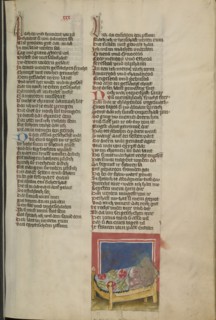 Abraham Making Love to Hagar; Regensburg, Bavaria, Germany; about 1400 - 1410; Tempera colors, gold, silver paint, and ink
