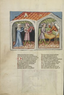 Jacob's Deceit; Regensburg, Bavaria, Germany; about 1400 - 1410; Tempera colors, gold, silver paint, and ink on parchment; Leaf
