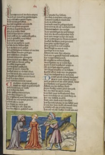 Jacob Choosing Rachel as his Wife; Regensburg, Bavaria, Germany; about 1400 - 1410; Tempera colors, gold, silver paint, and ink