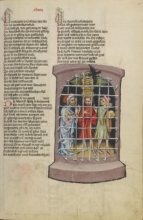 Joseph in Prison with a Butler and a Baker; Regensburg, Bavaria, Germany; about 1400 - 1410; Tempera colors, gold, silver paint