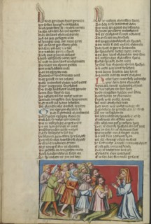 Joseph's Brothers Kneeling before Him; Regensburg, Bavaria, Germany; about 1400 - 1410; Tempera colors, gold, silver paint