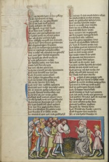 The Discovery of the Gold Hidden in the Corn Bags; Regensburg, Bavaria, Germany; about 1400 - 1410; Tempera colors, gold, silver