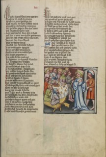 Joseph Dining with His Brothers; Regensburg, Bavaria, Germany; about 1400 - 1410; Tempera colors, gold, silver paint, and ink