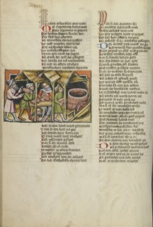 The Slavery of the Israelites; Regensburg, Bavaria, Germany; about 1400 - 1410; Tempera colors, gold, silver paint, and ink