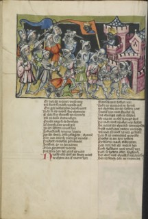 Moses Defeating the Moors; Regensburg, Bavaria, Germany; about 1400 - 1410; Tempera colors, gold, silver paint, and ink
