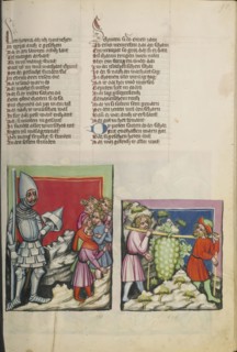 The Anakitic Giant before the Israelites; The Spies with the Grapes; Regensburg, Bavaria, Germany; about 1400 - 1410; Tempera