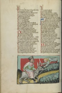 Balaam's Ass; Regensburg, Bavaria, Germany; about 1400 - 1410; Tempera colors, gold, silver paint, and ink on parchment; Leaf