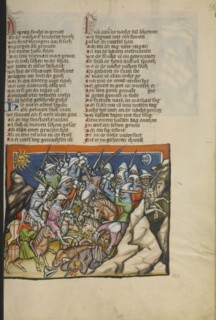 The Battle with the Five Kings of Canaan; Regensburg, Bavaria, Germany; about 1400 - 1410; Tempera colors, gold, silver paint