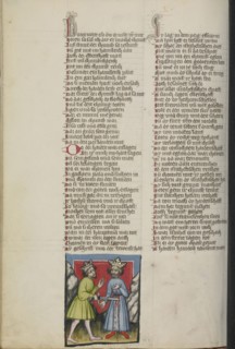Ehud Killing Eglon; Regensburg, Bavaria, Germany; about 1400 - 1410; Tempera colors, gold, silver paint, and ink on parchment