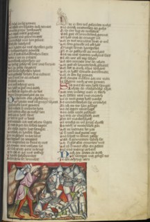 Schamgar Defeats the Philistines; Regensburg, Bavaria, Germany; about 1400 - 1410; Tempera colors, gold, silver paint, and ink