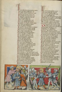Samson being Bound; Samson Breaking the Ropes; Regensburg, Bavaria, Germany; about 1400 - 1410; Tempera colors, gold, silver
