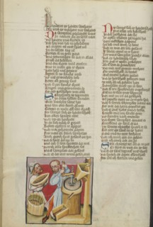 Samson Working in the Corn Mill; Regensburg, Bavaria, Germany; about 1400 - 1410; Tempera colors, gold, silver paint, and ink