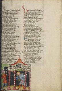 Samson Pulling Down the Pillars of the Palace; Regensburg, Bavaria, Germany; about 1400 - 1410; Tempera colors, gold, silver