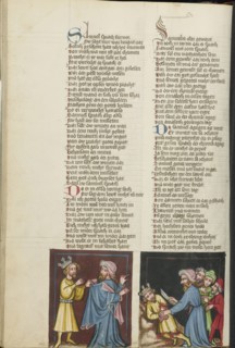 Saul Tearing Samuel's Cloak; Samuel Killing Agag; Regensburg, Bavaria, Germany; about 1400 - 1410; Tempera colors, gold, silver