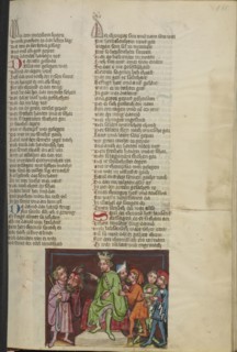 David with the Head of Goliath before Saul; Regensburg, Bavaria, Germany; about 1400 - 1410; Tempera colors, gold, silver paint