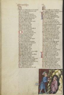 Jonathan Visiting David in the Cave; Regensburg, Bavaria, Germany; about 1400 - 1410; Tempera colors, gold, silver paint
