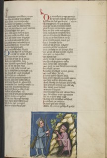 Jonathan Giving his Bow to David; Regensburg, Bavaria, Germany; about 1400 - 1410; Tempera colors, gold, silver paint, and ink