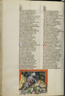 Saul's Death; Regensburg, Bavaria, Germany; about 1400 - 1410; Tempera colors, gold, silver paint, and ink on parchment; Leaf