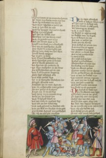 The Battle between Abner's and Joab's Men; Regensburg, Bavaria, Germany; about 1400 - 1410; Tempera colors, gold, silver paint