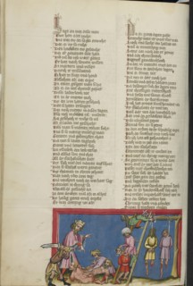 The Hanging of Ishbosheth's Murderers; Regensburg, Bavaria, Germany; about 1400 - 1410; Tempera colors, gold, silver paint