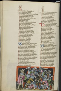The Defeat of the Philistines; Regensburg, Bavaria, Germany; about 1400 - 1410; Tempera colors, gold, silver paint, and ink