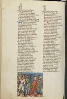 Hanun Mocks David's Messengers; Regensburg, Bavaria, Germany; about 1400 - 1410; Tempera colors, gold, silver paint, and ink