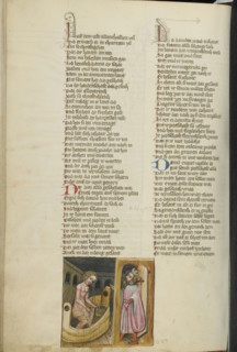 David and Bathsheba; Regensburg, Bavaria, Germany; about 1400 - 1410; Tempera colors, gold, silver paint, and ink on parchment