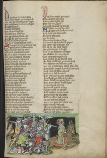 David's Army in Pursuit of Absalom; Regensburg, Bavaria, Germany; about 1400 - 1410; Tempera colors, gold, silver paint, and ink