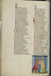Joab Killing Amasa; Regensburg, Bavaria, Germany; about 1400 - 1410; Tempera colors, gold, silver paint, and ink on parchment