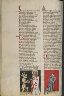 Satan before God; Job in Prayer; Regensburg, Bavaria, Germany; about 1400 - 1410; Tempera colors, gold, silver paint, and ink