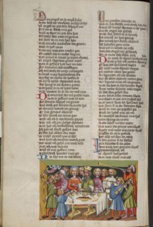 The Writing on the Wall at Belshazzar's Feast; Regensburg, Bavaria, Germany; about 1400 - 1410; Tempera colors, gold, silver