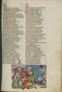 Alexander the Great has the Stone of Paradise Weighed; Regensburg, Bavaria, Germany; about 1400 - 1410; Tempera colors, gold