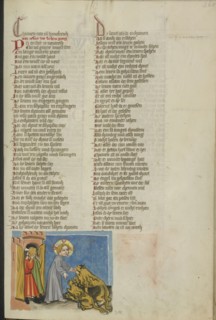 Lions Recognizing Jesus; Regensburg, Bavaria, Germany; about 1400 - 1410; Tempera colors, gold, silver paint, and ink