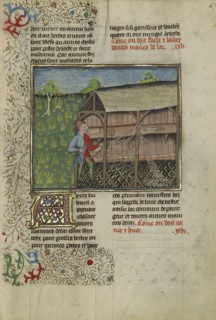 Hunters Making Snares; Brittany, France; about 1430 - 1440; Tempera colors, gold paint, silver paint, and gold leaf on parchment