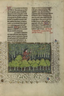 A Hunter and a Dog Examining a Deer's Fraying Place; Brittany, France; about 1430 - 1440; Tempera colors, gold paint, silver