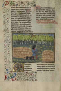 A Hunter and a Dog Tracking between a Field and a Forest; Brittany, France; about 1430 - 1440; Tempera colors, gold paint